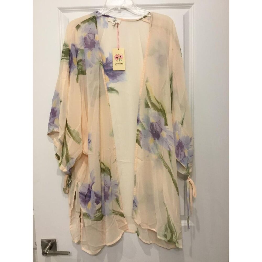 Entro Open Front Sheer Kimono in Soft Watercolor Floral Print NWT